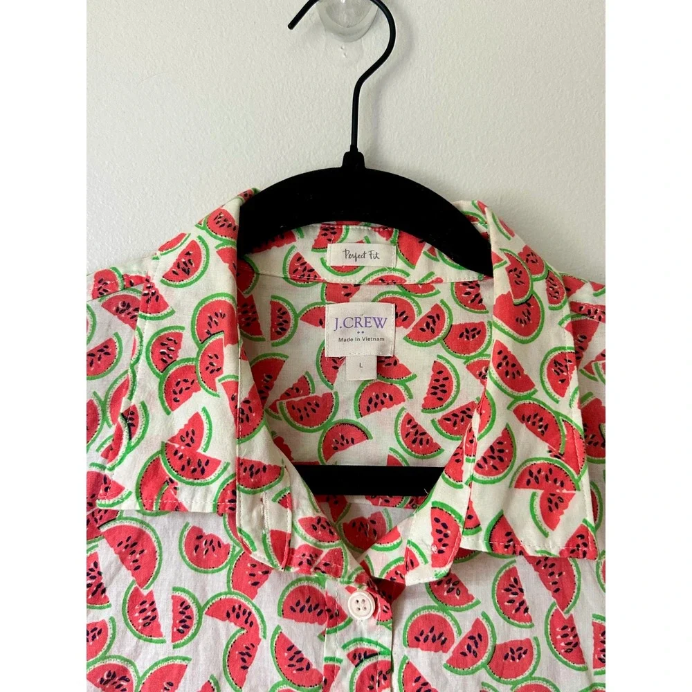 J.Crew Perfect Fit Watermelon Print Cotton Button Down Shirt White Red L 23871